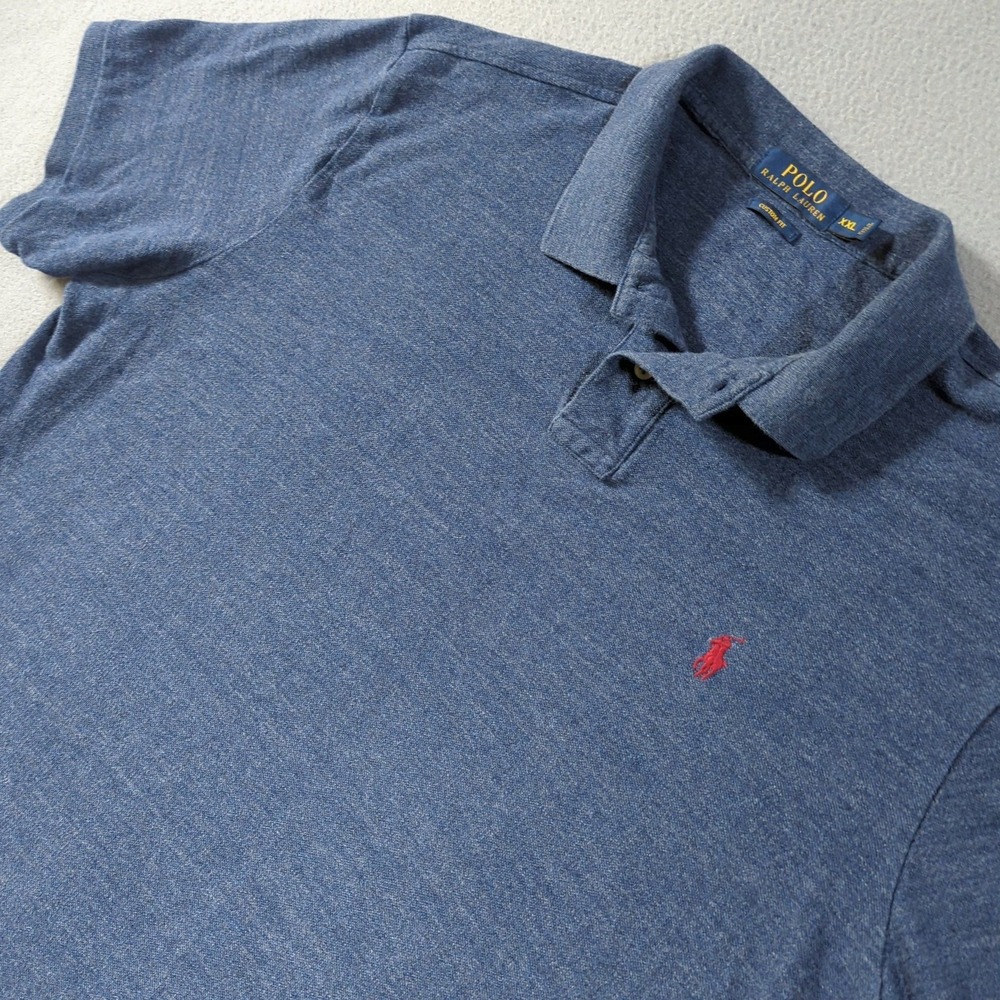 Polo‎ Ralph Lauren Polo Shirt Mens XXL Blue Custom Fit Heathered Cotton Red Pony